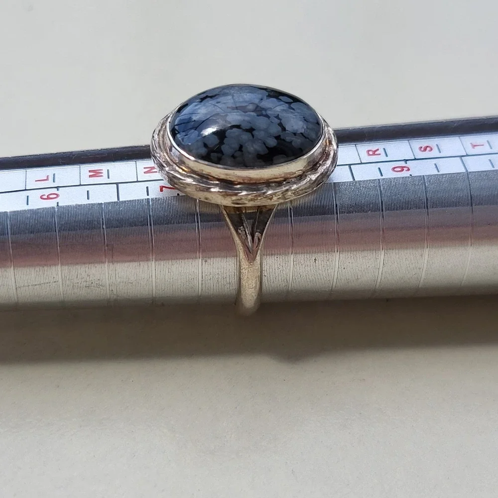 Vintage Sterling Silver Snowflake Obsidian Ring Size 7.5 Black Gray